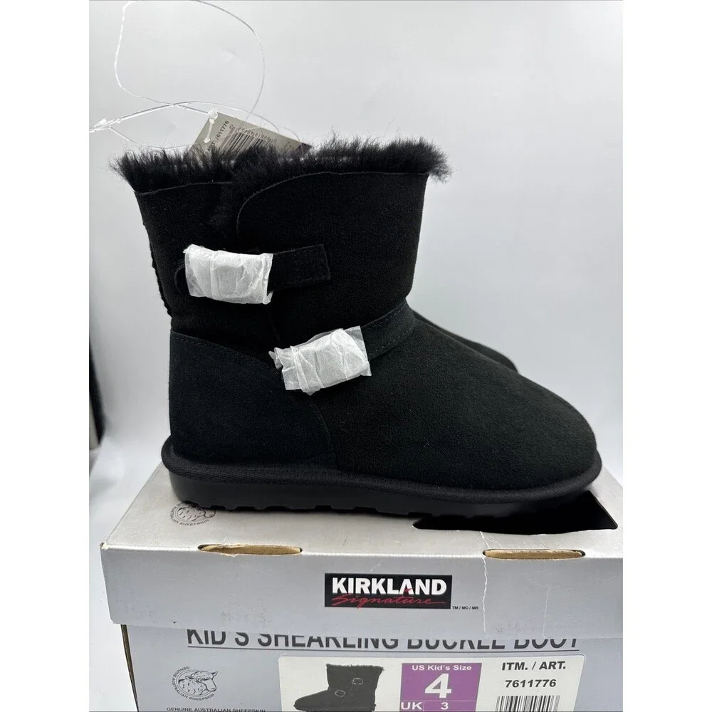 NEW Kirkland Signature Kids' Shearling Buckle Boots - Size 4 Black